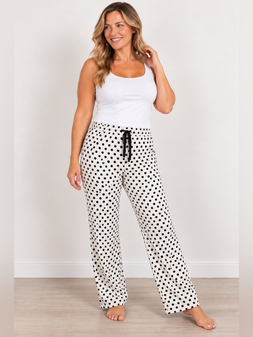 Skin to Skin Cotton Fleece Lounge Pants-White/Black Polka Dot